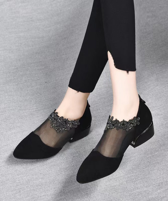 peopleterritory Fashion Black Suede Tulle Splicing Zircon High Heels SL1001