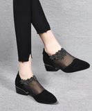 peopleterritory Fashion Black Suede Tulle Splicing Zircon High Heels SL1001