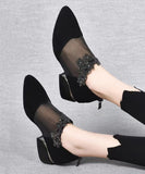 peopleterritory Fashion Black Suede Tulle Splicing Zircon High Heels SL1001