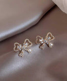 peopleterritory Fashion Gold Sterling Silver Alloy Zircon Bow Stud Earrings KX1001