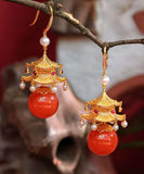 peopleterritory Fashion Red Sterling Silver Overgild Agate Pearl Pavilion Drop Earrings GH1080