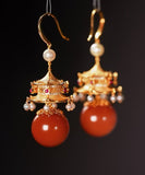 peopleterritory Fashion Red Sterling Silver Overgild Agate Pearl Pavilion Drop Earrings GH1080