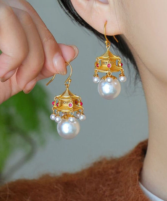 peopleterritory Fashion White Ancient Gold Pearl Agate Palace Lantern Drop Earrings GH1083