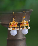 peopleterritory Fashion White Ancient Gold Pearl Agate Palace Lantern Drop Earrings GH1083