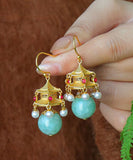 peopleterritory Fashion White Ancient Gold Pearl Agate Palace Lantern Drop Earrings GH1083