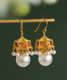 peopleterritory Fashion White Ancient Gold Pearl Agate Palace Lantern Drop Earrings GH1083