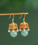 peopleterritory Fashion White Ancient Gold Pearl Agate Palace Lantern Drop Earrings GH1083