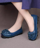 peopleterritory Fine Blue Flower Splicing Cowhide Leather Flat Shoes SL1015