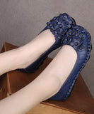 peopleterritory Fine Blue Flower Splicing Cowhide Leather Flat Shoes SL1015