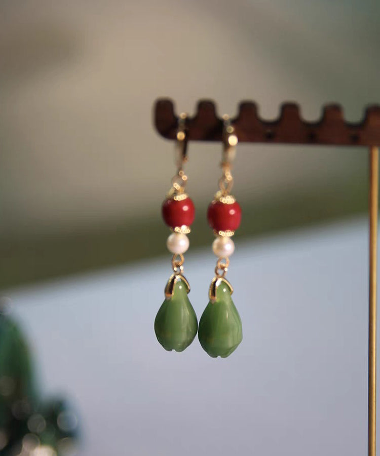 peopleterritory Fine Colorblock Sterling Silver Overgild Jade Orchid Drop Earrings GH1046