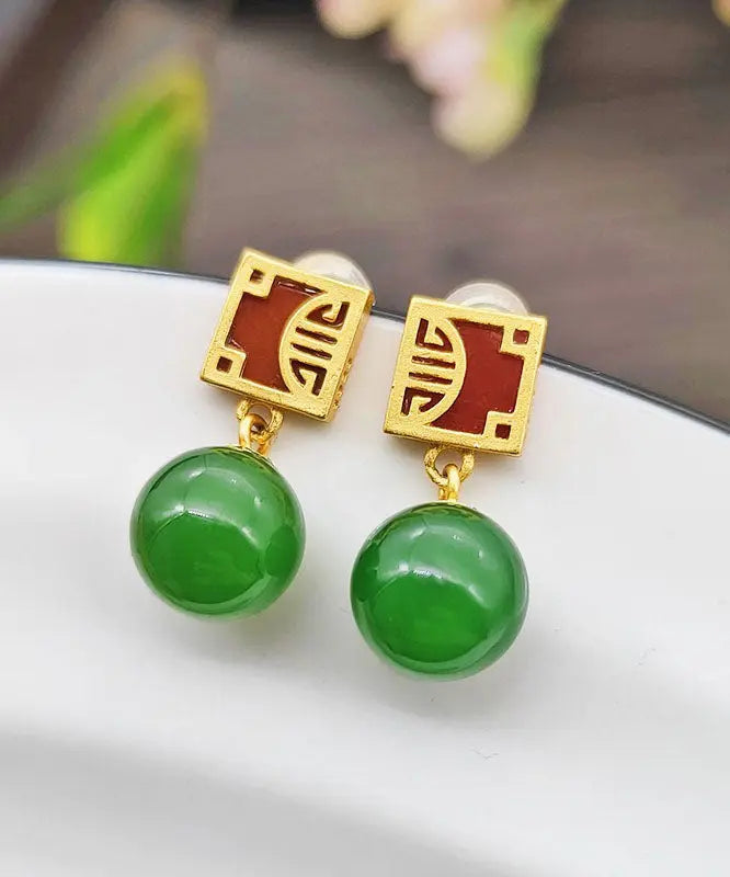 peopleterritory Sterling Silver Overgild Jade Drop Earrings