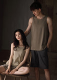 peopleterritory Fine Khaki O-Neck Cozy Cotton Couple Pajamas Two Pieces Set Summer LY1895