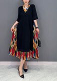 peopleterritory French Black V Neck Patchwork Fake Two Piece Dress Summer LY0578