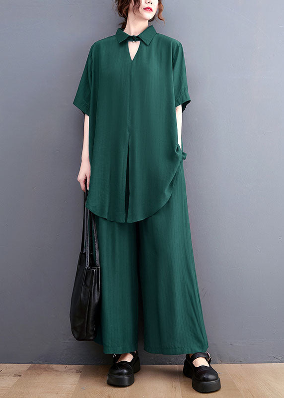 peopleterritory French Green Oversized Side Open Draping Silk Two Piece Set Women Clothing Summer LY1489