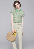 peopleterritory French Green Peter Pan Collar Print Chiffon Two Pieces Set Summer LY0097