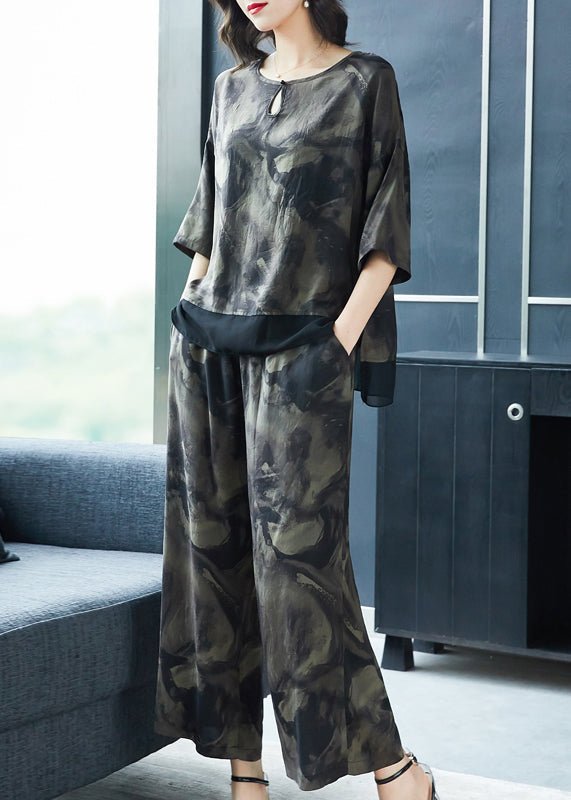 peopleterritory French Grey O-Neck Print Tops And Pants Silk Two Pieces Set Summer TF1031