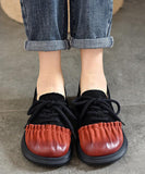 peopleterritory French Red Lace Up Splicing Cowhide Leather Flats Shoes RT1039