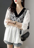 peopleterritory French White V Neck Knit Patchwork Cotton Fake Two Piece Shirt Top Half Sleeve LY1480