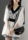 peopleterritory French White V Neck Knit Patchwork Cotton Fake Two Piece Shirt Top Half Sleeve LY1480