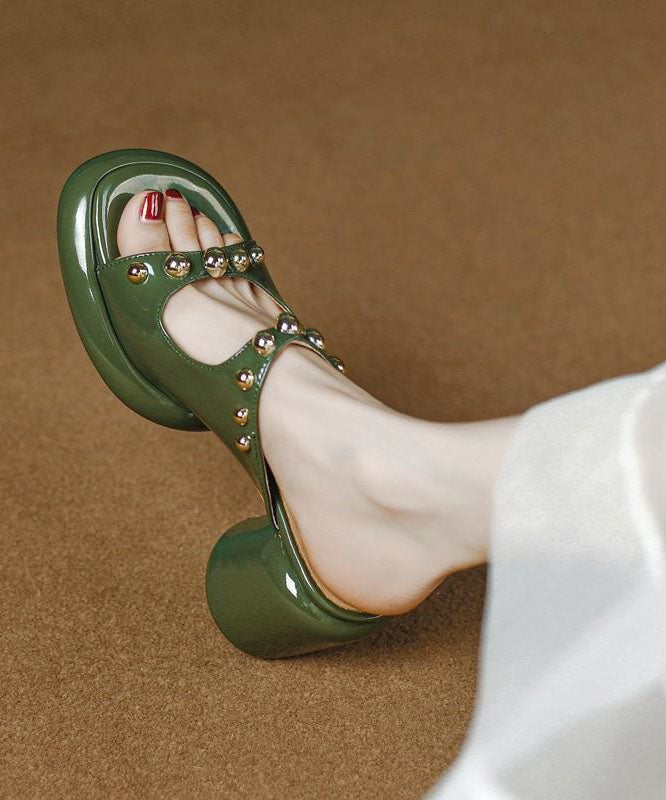 peopleterritory Green Faux Leather Chic Rivet Splicing Peep Toe Chunky Slide Sandals LY1768