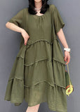 peopleterritory Green Patchwork Cotton 2 Piece Outfit Dress O-Neck Wrinkled Summer LC0328