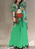 peopleterritory Green Print Chiffon Two Piece Set Women Clothing Drawstring Summer LY1580