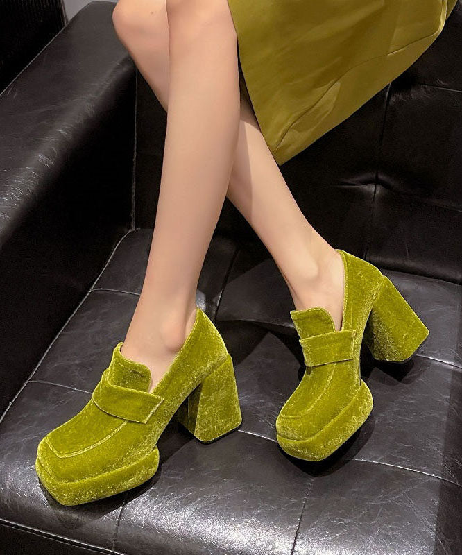 peopleterritory Green Silk Velour Retro Splicing Chunky High Heels LY1785