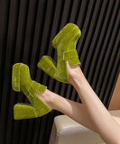 peopleterritory Green Silk Velour Retro Splicing Chunky High Heels LY1785