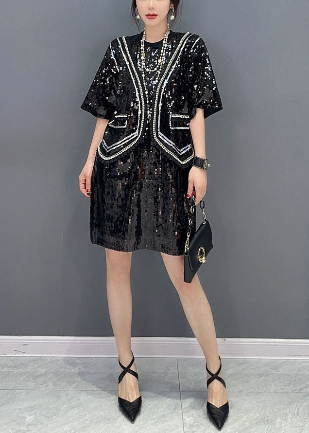 peopleterritory Handmade Black Sequins Patchwork False Two Pieces Dresses Spring LC0362