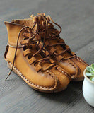 peopleterritory Handmade Khaki Lace Up Zippered Cowhide Leather Ankle Boots RT1048