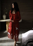 peopleterritory Handmade Red V Neck Print Tie Waist Ice Silk Robe And Vest Two Piece Set Spring LY1887