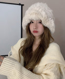 peopleterritory Handmade White Knit Faux Fur Solid Bonnie Hat LY517