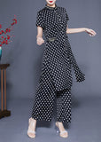 peopleterritory Italian Black Stand Collar Dot Print Side Open Silk Two Pieces Set Summer LY1138