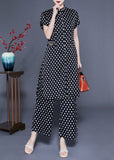 peopleterritory Italian Black Stand Collar Dot Print Side Open Silk Two Pieces Set Summer LY1138