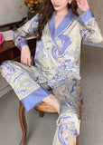 peopleterritory Italian Blue Peter Pan Collar Print Patchwork Ice Silk Pajamas Two Pieces Set Long Sleeve LY1911