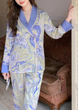 peopleterritory Italian Blue Peter Pan Collar Print Patchwork Ice Silk Pajamas Two Pieces Set Long Sleeve LY1911