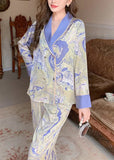 peopleterritory Italian Blue Peter Pan Collar Print Patchwork Ice Silk Pajamas Two Pieces Set Long Sleeve LY1911