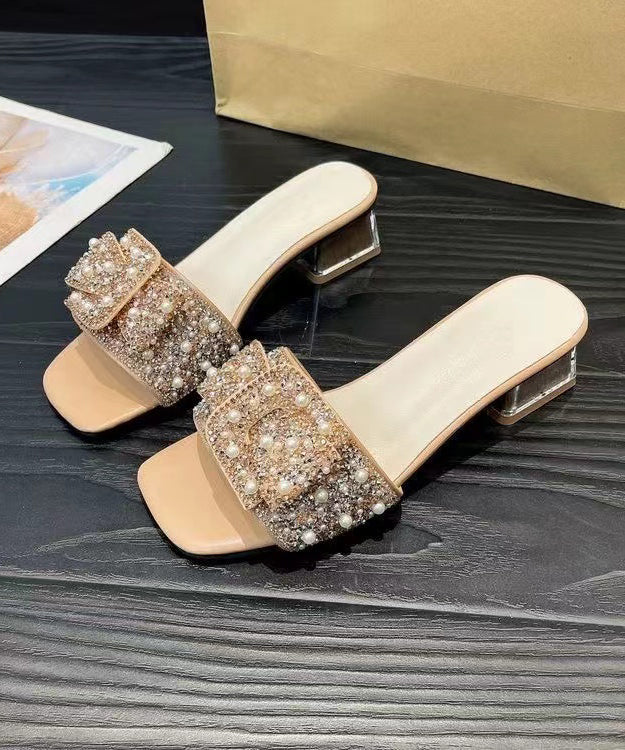 peopleterritory Khaki Chunky Heel Slide Sandals Boutique Zircon Nail Bead RT1022