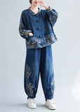 peopleterritory Loose Denim Blue Peter Pan Collar Print Coats And Lantern Pants Two Pieces Set  AC2083