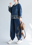 peopleterritory Loose Denim Blue Peter Pan Collar Print Coats And Lantern Pants Two Pieces Set  AC2083