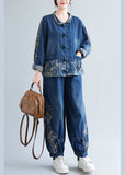 peopleterritory Loose Denim Blue Peter Pan Collar Print Coats And Lantern Pants Two Pieces Set Spring LY0659