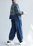 peopleterritory Loose Denim Blue Peter Pan Collar Print Coats And Lantern Pants Two Pieces Set  AC2083