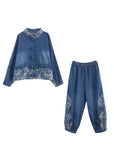 peopleterritory Loose Denim Blue Peter Pan Collar Print Coats And Lantern Pants Two Pieces Set  AC2083