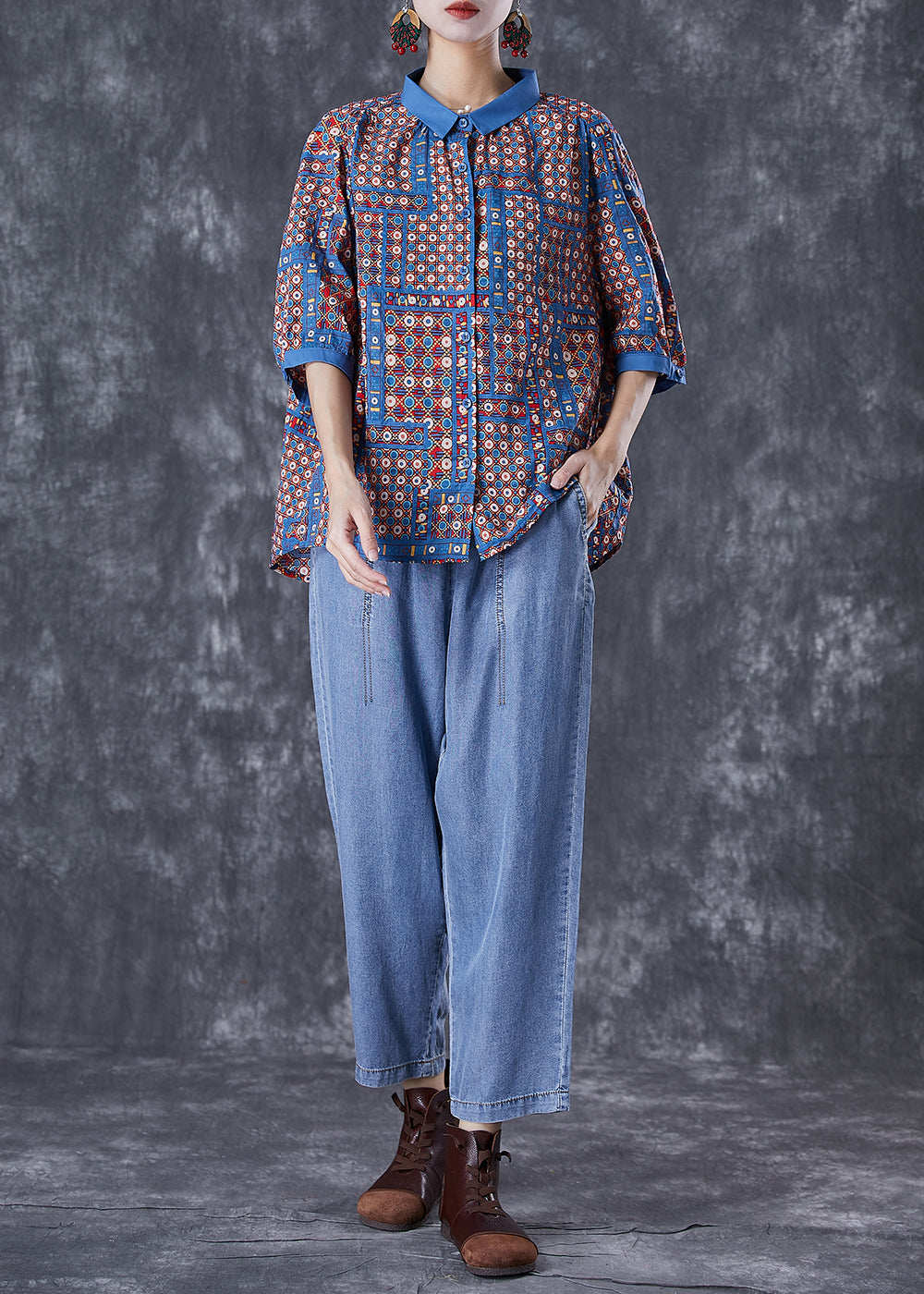 peopleterritory Modern Oversized Print Cotton Shirts And Denim Pants Two Pieces Set Summer TD1014