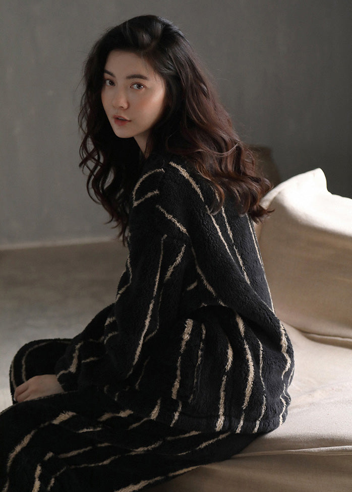 peopleterritory Natural Black Striped Button Velour Pajamas Two Pieces Set Long Sleeve LY1906