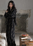 peopleterritory Natural Black Striped Button Velour Pajamas Two Pieces Set Long Sleeve LY1906