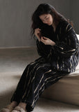 peopleterritory Natural Black Striped Button Velour Pajamas Two Pieces Set Long Sleeve LY1906