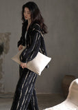 peopleterritory Natural Black Striped Button Velour Pajamas Two Pieces Set Long Sleeve LY1906