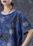 peopleterritory Natural Navy Oversized Print Linen Two Pieces Set Summer TD1011