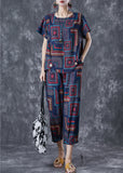 peopleterritory Navy Print Linen Silk Two Pieces Set Oversized Button Summer TD1006